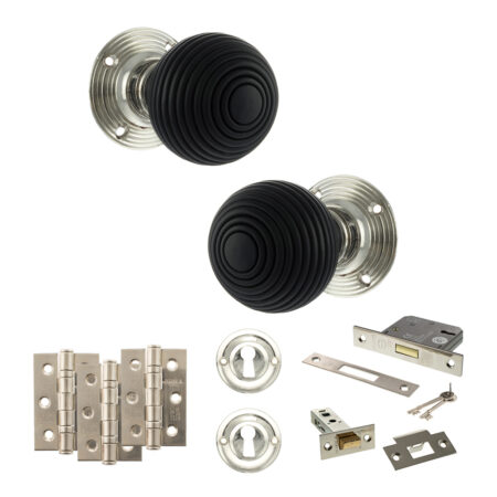 Atlantic Old English Whitby Door Knob Pack (Lock Set - 3" Latch & Deadlock, 3" Fire Rated Hinges x3) - Polished Nickel