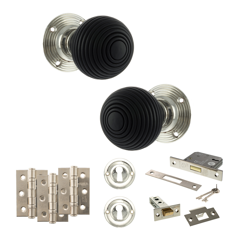 ADPOE60RREMKPN66_OLD-ENGLISH-WHITBY-POLISHED-NICKEL.jpg Atlantic Old English Whitby Door Knob Pack (Lock Set - 3" Latch & Deadlock, 3" Fire Rated Hinges x3) - Polished Nickel - Image 1