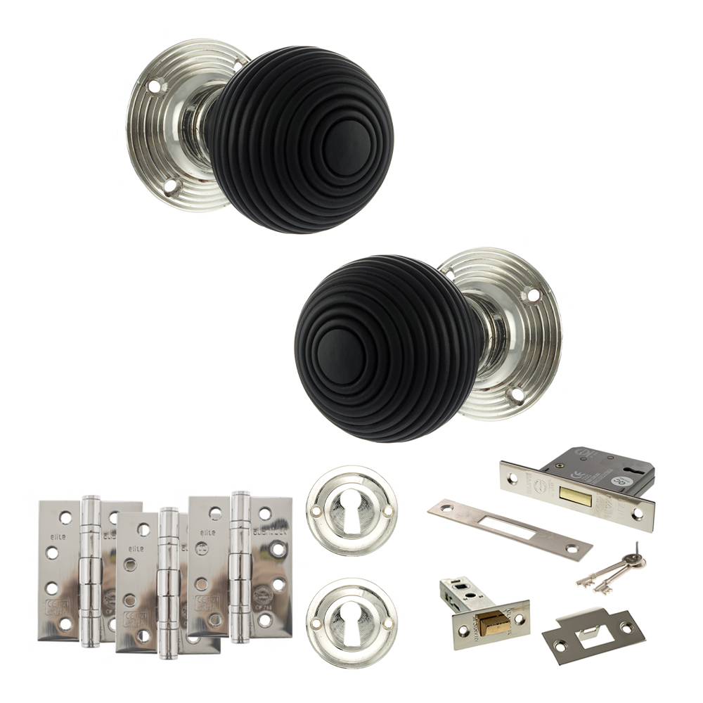 ADPOE60RREMKPN67_OLD-ENGLISH-WHITBY-POLISHED-NICKEL.jpg Atlantic Old English Whitby Door Knob Pack (Lock Set - 3" Latch & Deadlock, 4" Fire Rated Hinges x3) - Polished Nickel - Image 1