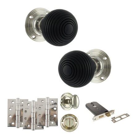 Atlantic Old English Whitby Door Knob Pack (Lock Set - Horizontal Bathlock, 4" Fire Rated Hinges x3) - Polished Nickel