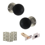Atlantic Old English Whitby Door Knob Pack (Latch Set - 3" HD Latch, 3" Fire Rated Hinges x3) - Satin Nickel