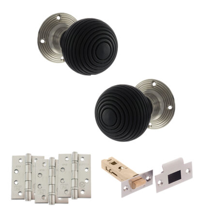 Atlantic Old English Whitby Door Knob Pack (Latch Set - 3" HD Latch, 4" Fire Rated Hinges x3) - Satin Nickel