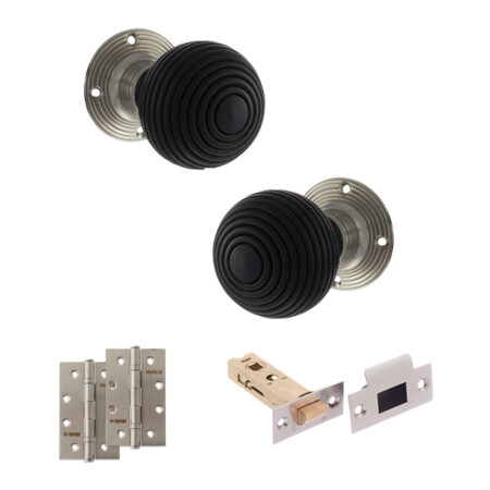 Atlantic Old English Whitby Door Knob Pack (Latch Set - 4" HD Latch, 4" Slim Knuckle Hinges x2) - Satin Nickel