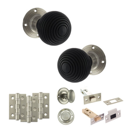 Atlantic Old English Whitby Door Knob Pack (Bathroom Set - 3" Deadbolt, 3" Fire Rated Hinges x3) - Satin Nickel