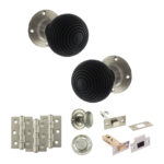 Atlantic Old English Whitby Door Knob Pack (Bathroom Set - 4" Deadbolt, 3" Fire Rated Hinges x3) - Satin Nickel