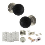 Atlantic Old English Whitby Door Knob Pack (Bathroom Set - 3" Deadbolt, 4" Fire Rated Hinges x3) - Satin Nickel