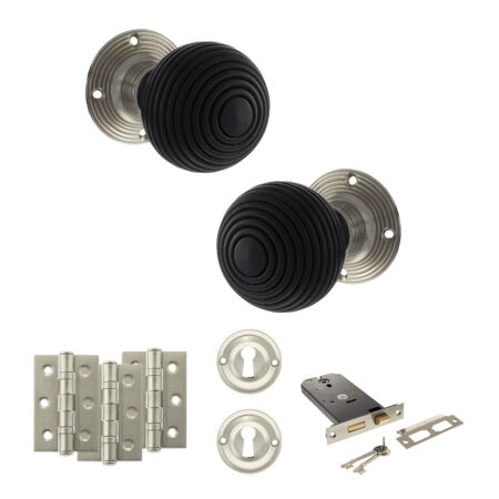 Atlantic Old English Whitby Door Knob Pack (Lock Set - Horizontal Sashlock, 3" Fire Rated Hinges x3) - Satin Nickel
