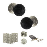 Atlantic Old English Whitby Door Knob Pack (Lock Set - Horizontal Bathlock, 3" Fire Rated Hinges x3) - Satin Nickel