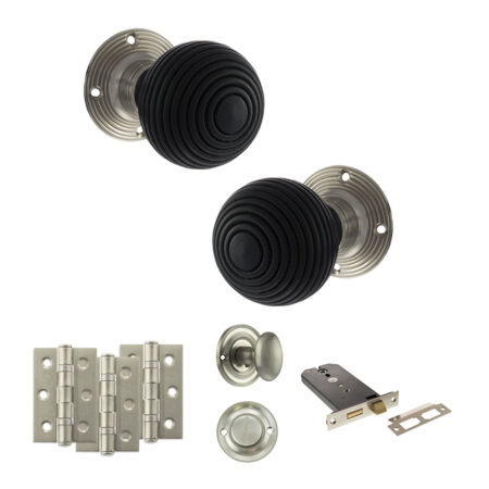 Atlantic Old English Whitby Door Knob Pack (Lock Set - Horizontal Bathlock, 3" Fire Rated Hinges x3) - Satin Nickel