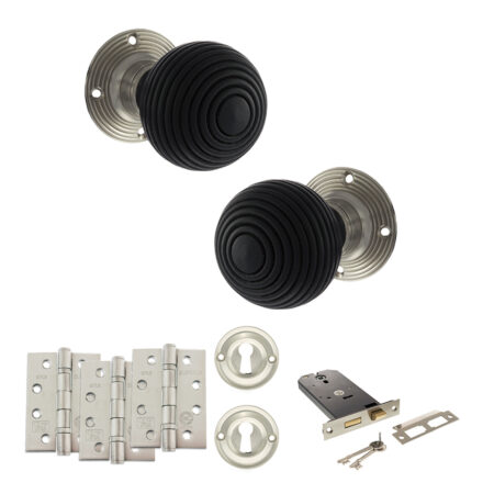 Atlantic Old English Whitby Door Knob Pack (Lock Set - Horizontal Sashlock, 4" Fire Rated Hinges x3) - Satin Nickel