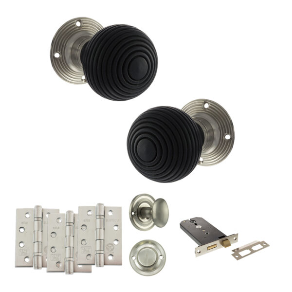 Old English Whitby Door Knob Pack (Lock Set - Horizontal Bathlock, 4" Fire Rated Hinges x3) - Satin Nickel