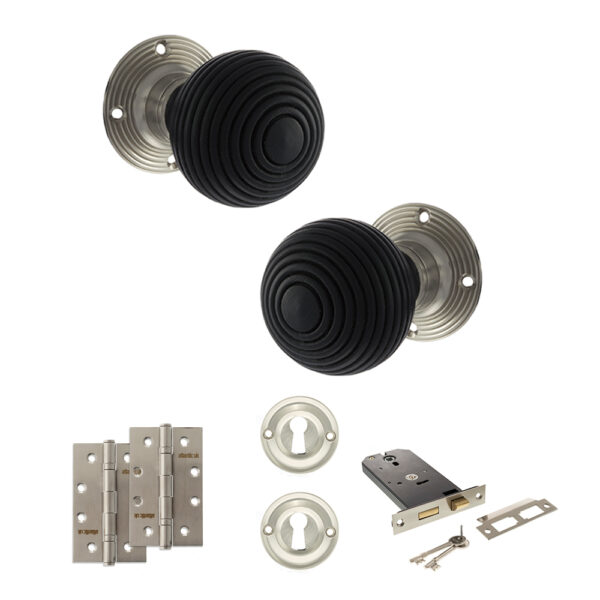 Old English Whitby Door Knob Pack (Lock Set - Horizontal Sashlock, 4" Slim Knuckle Hinges x2) - Satin Nickel
