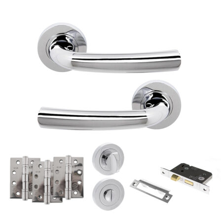 STATUS Nevada Door Handle Pack (Bathroom Set - 2.5" CE Bathroom Lock, 4" Fire Rated Hinges x3) - Polished Chrome