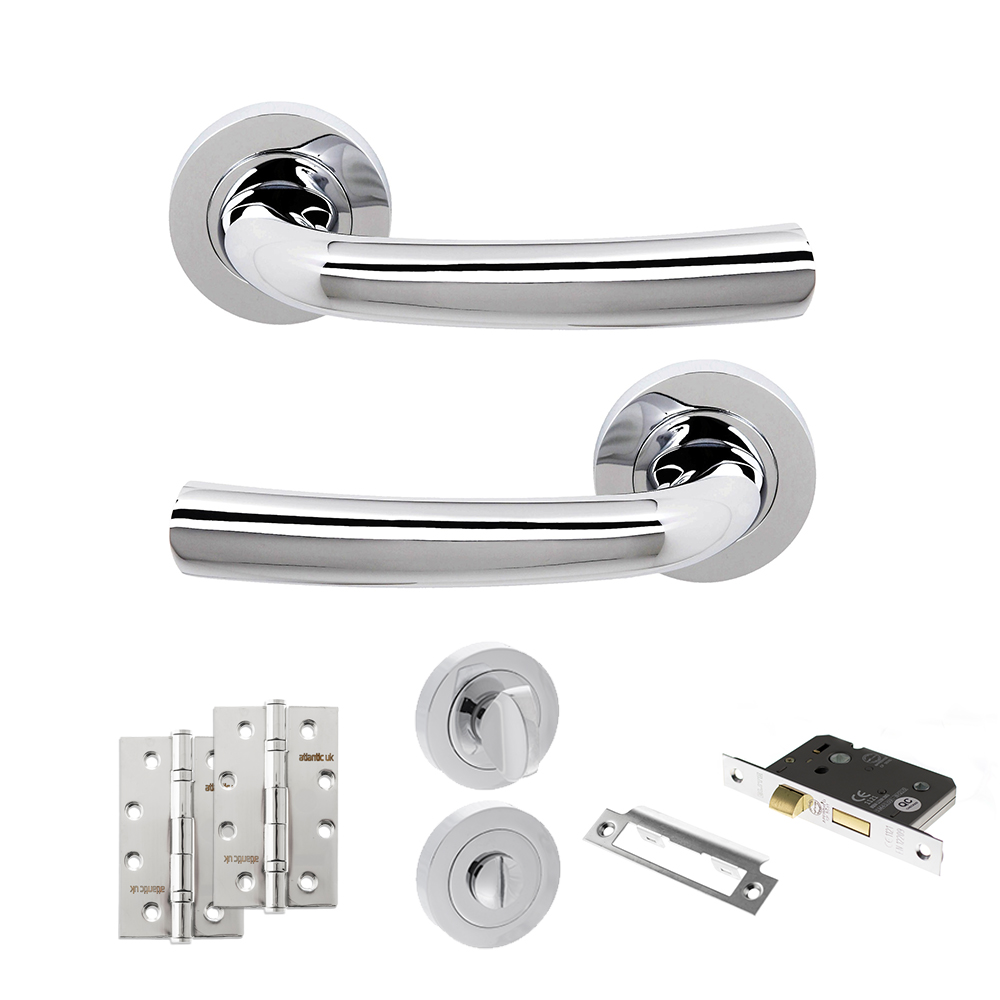 ADPS21RPC12_STATUS20NEVADA20POLISHED20CHROME.jpg Atlantic STATUS Nevada Door Handle Pack (Bathroom Set - 2.5" CE Bathroom Lock, 4" Slim Knuckle Hinges x2) - Polished Chrome - Image 1