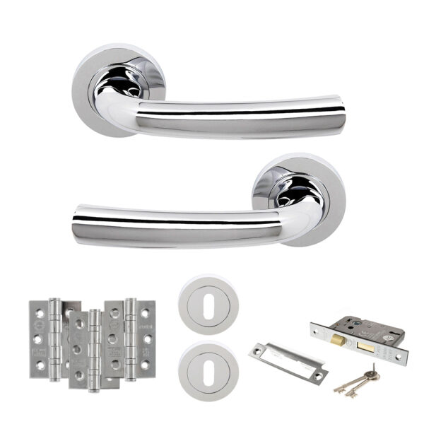STATUS Nevada Door Handle Pack (3 Lever Lock Set - 2.5" CE Sashlock, 3" Fire Rated Hinges x3) - Polished Chrome