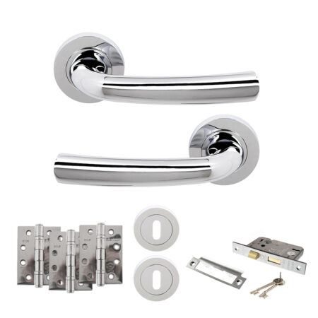 STATUS Nevada Door Handle Pack (3 Lever Lock Set - 3" CE Sashlock, 4" Fire Rated Hinges x3) - Polished Chrome