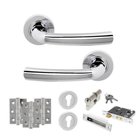 STATUS Nevada Door Handle Pack (Euro Lock Set - 2.5" CE Sashlock, 3" Fire Rated Hinges x3) - Polished Chrome