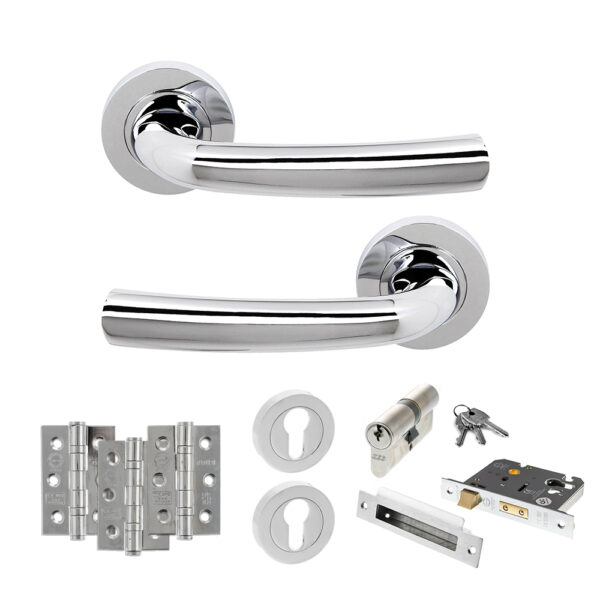 STATUS Nevada Door Handle Pack (Euro Lock Set - 3" CE Sashlock, 3" Fire Rated Hinges x3) - Polished Chrome