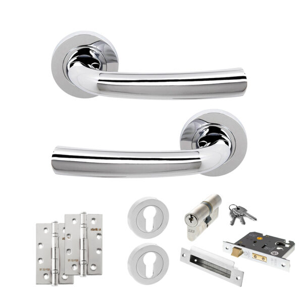 STATUS Nevada Door Handle Pack (Euro Lock Set - 2.5" CE Sashlock, 4" Slim Knuckle Hinges x2) - Polished Chrome
