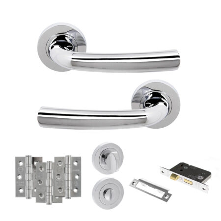 STATUS Nevada Door Handle Pack (Bathroom Set - 2.5" CE Bathroom Lock, 3" Fire Rated Hinges x3) - Polished Chrome