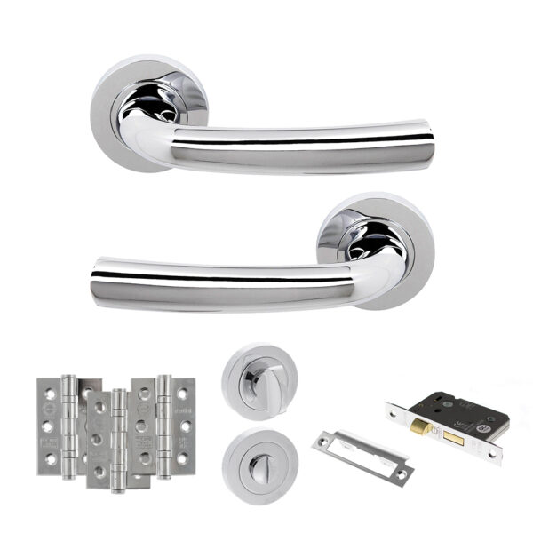 STATUS Nevada Door Handle Pack (Bathroom Set - 3" CE Bathroom Lock, 3" Fire Rated Hinges x3) - Polished Chrome