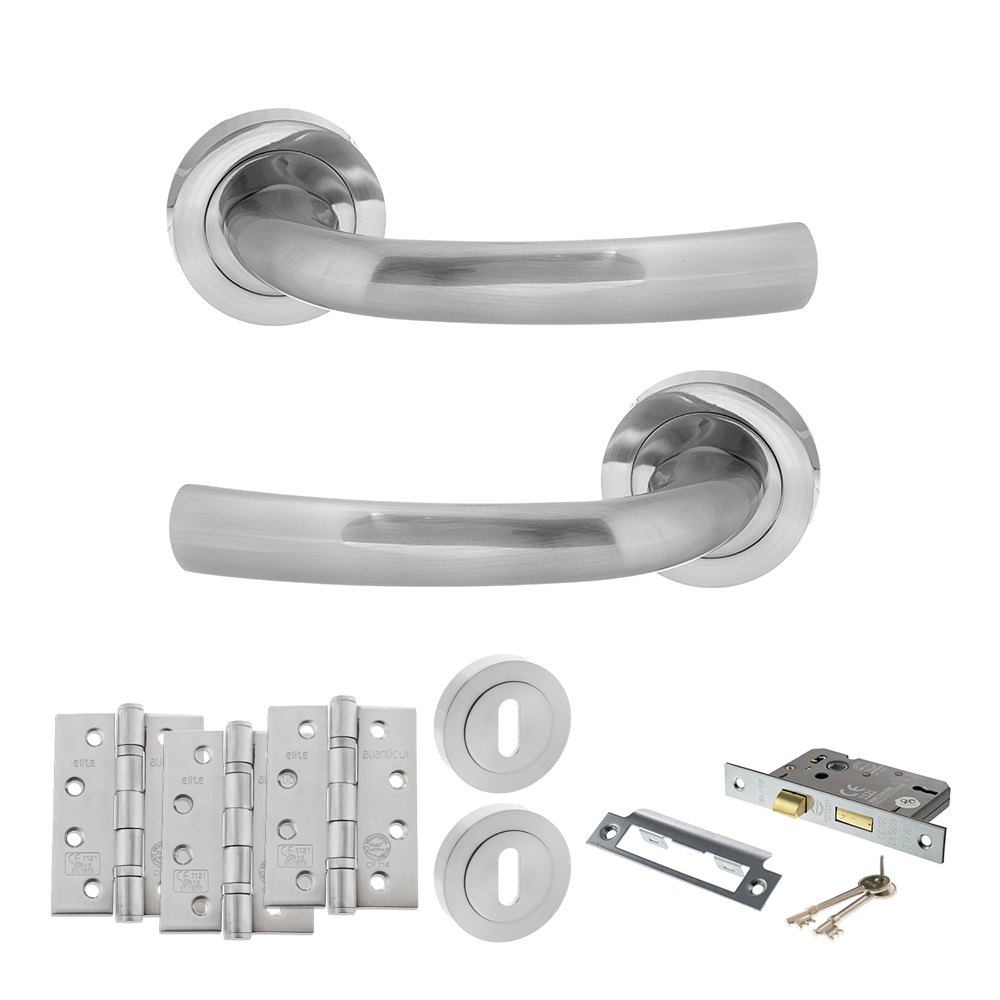 ADPS21RSC17_STATUS20NEVADA20SATIN20CHROME.jpg Atlantic STATUS Nevada Door Handle Pack (3 Lever Lock Set - 3" CE Sashlock, 4" Fire Rated Hinges x3) - Satin Chrome - Image 1
