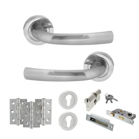 STATUS Nevada Door Handle Pack (Euro Lock Set - 3" CE Sashlock, 3" Fire Rated Hinges x3) - Satin Chrome