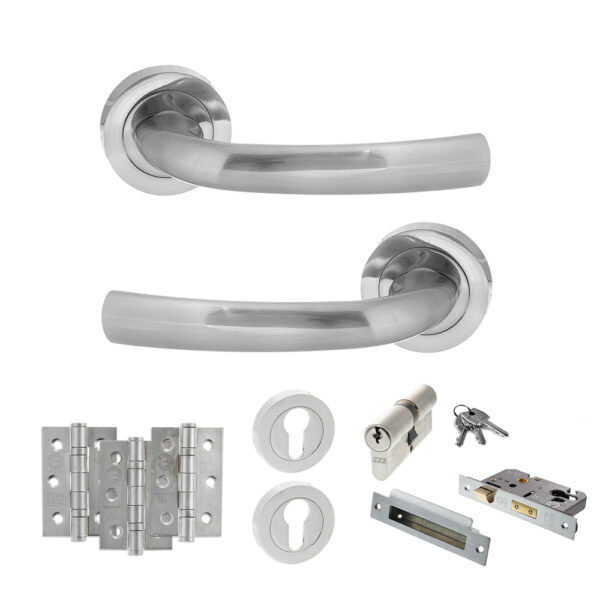 STATUS Nevada Door Handle Pack (Euro Lock Set - 3" CE Sashlock, 3" Fire Rated Hinges x3) - Satin Chrome