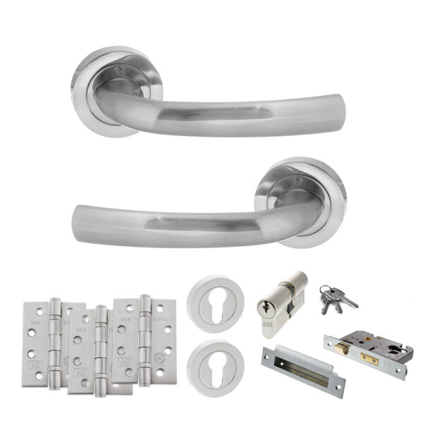 STATUS Nevada Door Handle Pack (Euro Lock Set - 2.5" CE Sashlock, 4" Fire Rated Hinges x3) - Satin Chrome