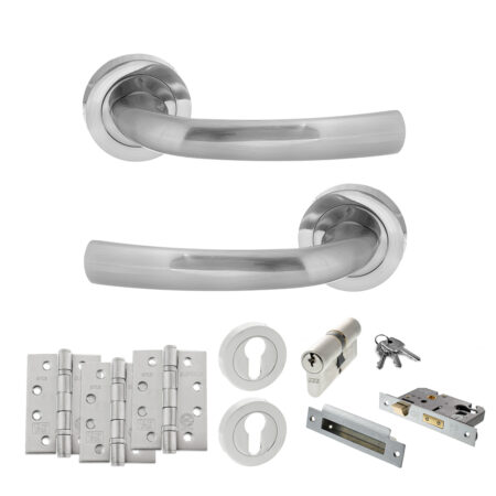 STATUS Nevada Door Handle Pack (Euro Lock Set - 3" CE Sashlock, 4" Fire Rated Hinges x3) - Satin Chrome