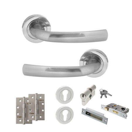 STATUS Nevada Door Handle Pack (Euro Lock Set - 2.5" CE Sashlock, 4" Slim Knuckle Hinges x2) - Satin Chrome
