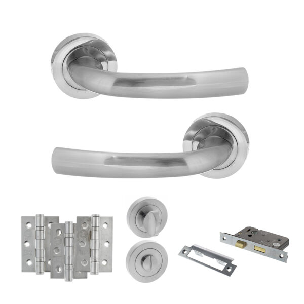 STATUS Nevada Door Handle Pack (Bathroom Set - 3" CE Bathroom Lock, 3" Fire Rated Hinges x3) - Satin Chrome