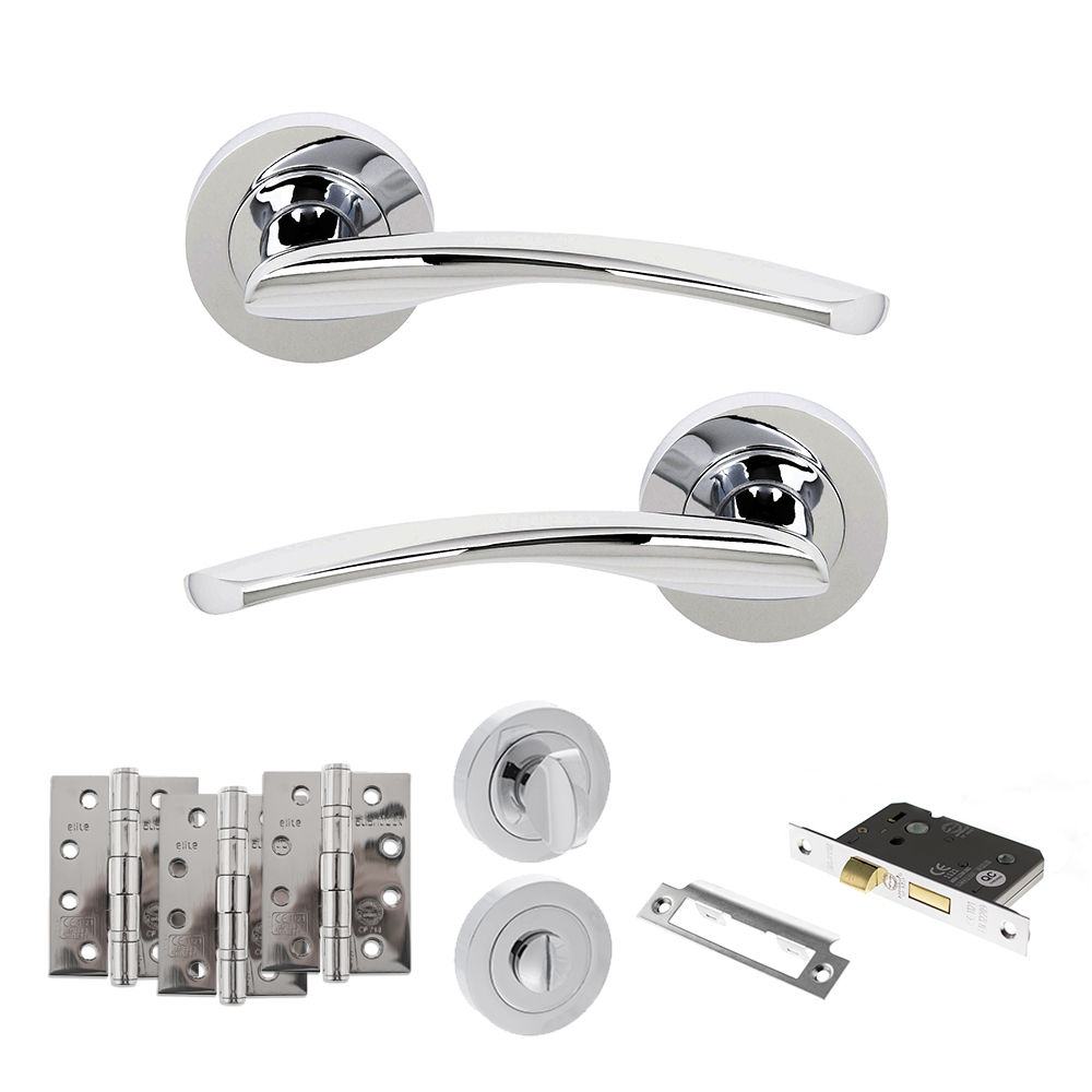 ADPS22RPC10_STATUS20ARIZONA20POLISHED20CHROME.jpg Atlantic STATUS Arizona Door Handle Pack (Bathroom Set - 2.5" CE Bathroom Lock, 4" Fire Rated Hinges x3) - Polished Chrome - Image 1