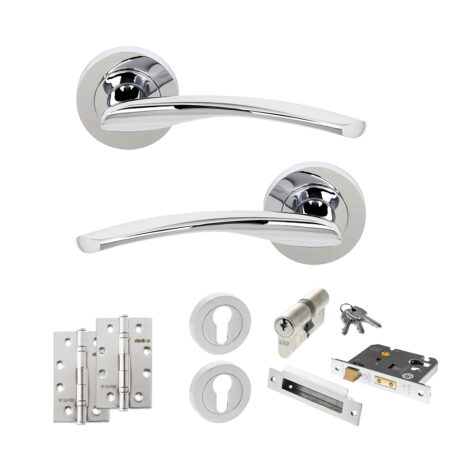 STATUS Arizona Door Handle Pack (Euro Lock Set - 3" CE Sashlock, 4" Slim Knuckle Hinges x2) - Polished Chrome
