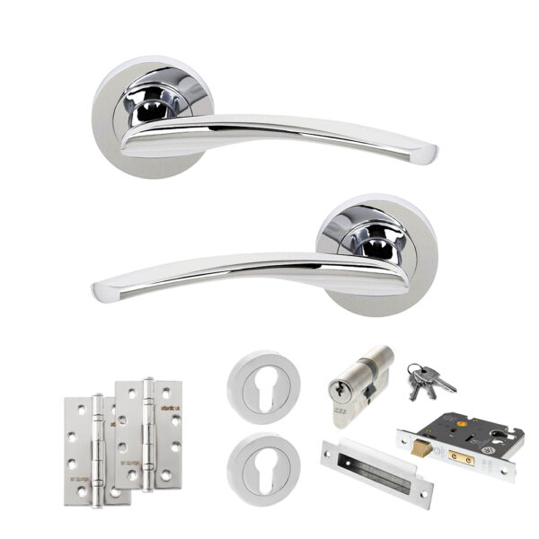 STATUS Arizona Door Handle Pack (Euro Lock Set - 3" CE Sashlock, 4" Slim Knuckle Hinges x2) - Polished Chrome