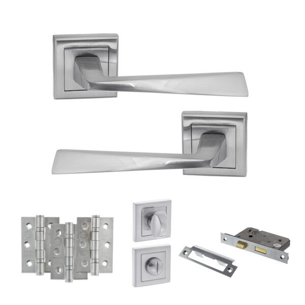 STATUS California Door Handle Pack (Bathroom Set - 3" CE Bathroom Lock, 3" Fire Rated Hinges x3) - Satin Chrome