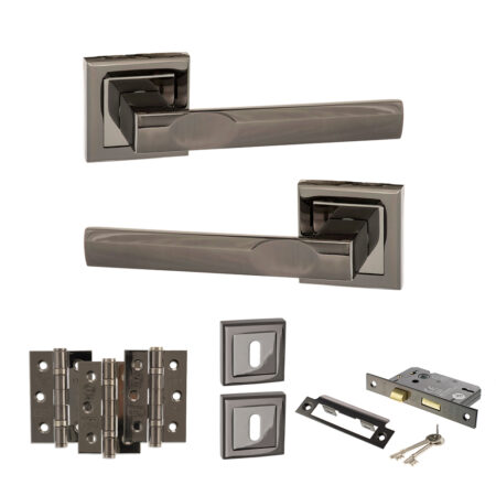 STATUS Kansas Door Handle Pack (3 Lever Lock Set - 3" CE Sashlock, 3" Fire Rated Hinges x3) - Black Nickel