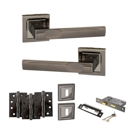 STATUS Kansas Door Handle Pack (3 Lever Lock Set - 3" CE Sashlock, 4" Fire Rated Hinges x3) - Black Nickel
