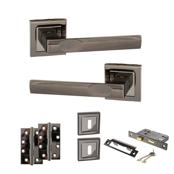 STATUS Kansas Door Handle Pack (3 Lever Lock Set - 3" CE Sashlock, 4" Slim Knuckle Hinges x2) - Black Nickel