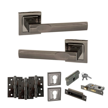 STATUS Kansas Door Handle Pack (Euro Lock Set - 3" CE Sashlock, 4" Fire Rated Hinges x3) - Black Nickel