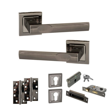 STATUS Kansas Door Handle Pack (Euro Lock Set - 3" CE Sashlock, 4" Slim Knuckle Hinges x2) - Black Nickel