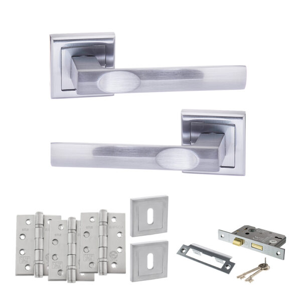 STATUS Kansas Door Handle Pack (3 Lever Lock Set - 3" CE Sashlock, 4" Fire Rated Hinges x3) - Satin Chrome