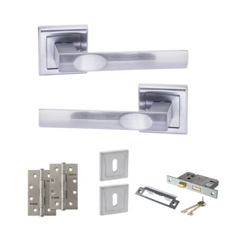 STATUS Kansas Door Handle Pack (3 Lever Lock Set - 2.5" CE Sashlock, 4" Slim Knuckle Hinges x2) - Satin Chrome