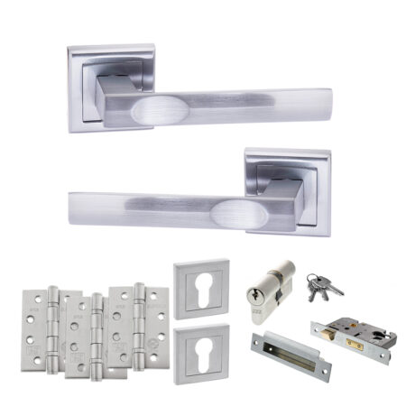 STATUS Kansas Door Handle Pack (Euro Lock Set - 3" CE Sashlock, 4" Fire Rated Hinges x3) - Satin Chrome