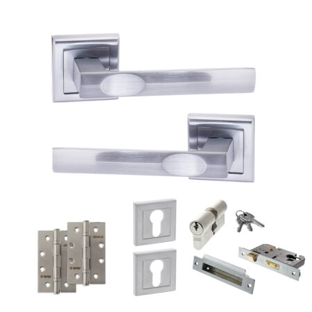 STATUS Kansas Door Handle Pack (Euro Lock Set - 2.5" CE Sashlock, 4" Slim Knuckle Hinges x2) - Satin Chrome