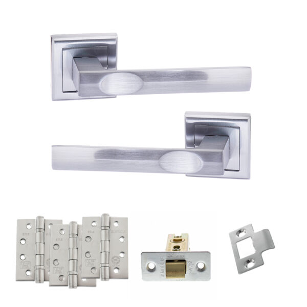STATUS Kansas Door Handle Pack (Latch Set - 3" CE Latch, 4" Fire Rated Hinges x3) - Satin Chrome