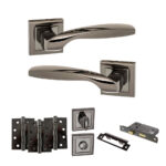 STATUS Oklahoma Door Handle Pack (Bathroom Set - 2.5" CE Bathroom Lock, 4" Fire Rated Hinges x3) - Black Nickel