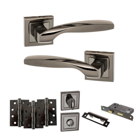 STATUS Oklahoma Door Handle Pack (Bathroom Set - 3" CE Bathroom Lock, 4" Fire Rated Hinges x3) - Black Nickel