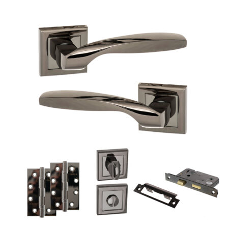 STATUS Oklahoma Door Handle Pack (Bathroom Set - 2.5" CE Bathroom Lock, 4" Slim Knuckle Hinges x2) - Black Nickel