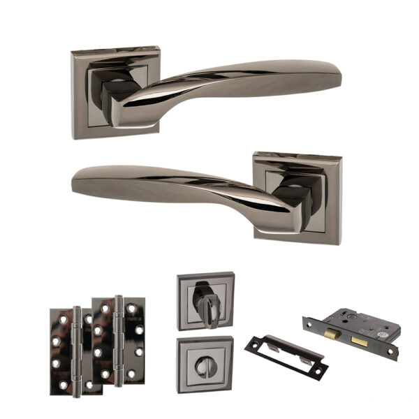 STATUS Oklahoma Door Handle Pack (Bathroom Set - 2.5" CE Bathroom Lock, 4" Slim Knuckle Hinges x2) - Black Nickel